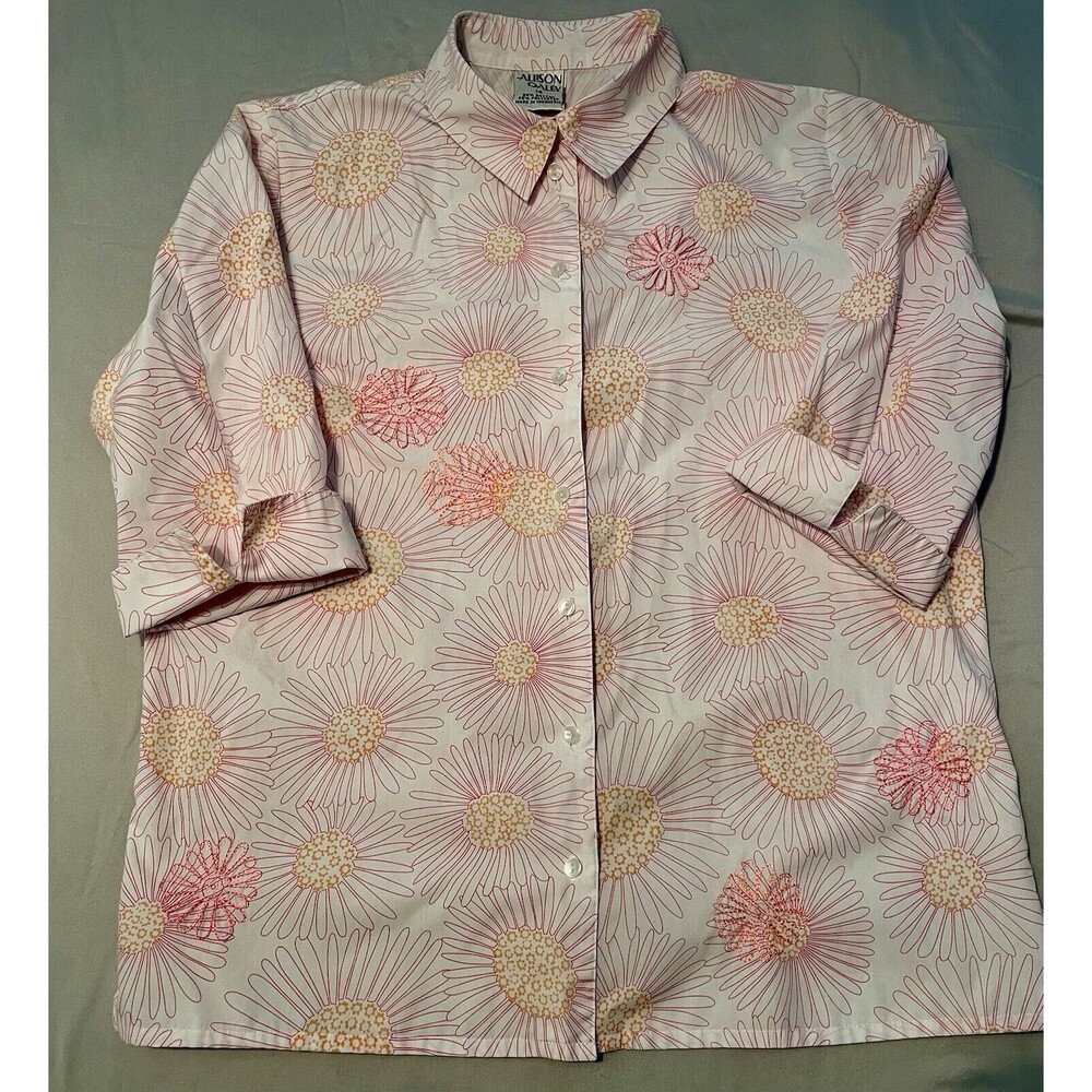 Allison Daley Blouse Women Size 14 Pink Embroidered Daisies Button Blouse Top